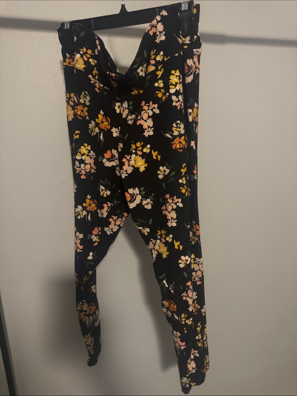 Terra & Sky Black Floral Leggings with Pink and Yellow Blossoms